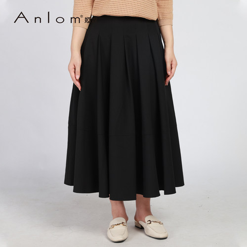 Anlom/娅奴黑色中长款半身裙女A字显瘦高腰百褶裙女2026春秋新款