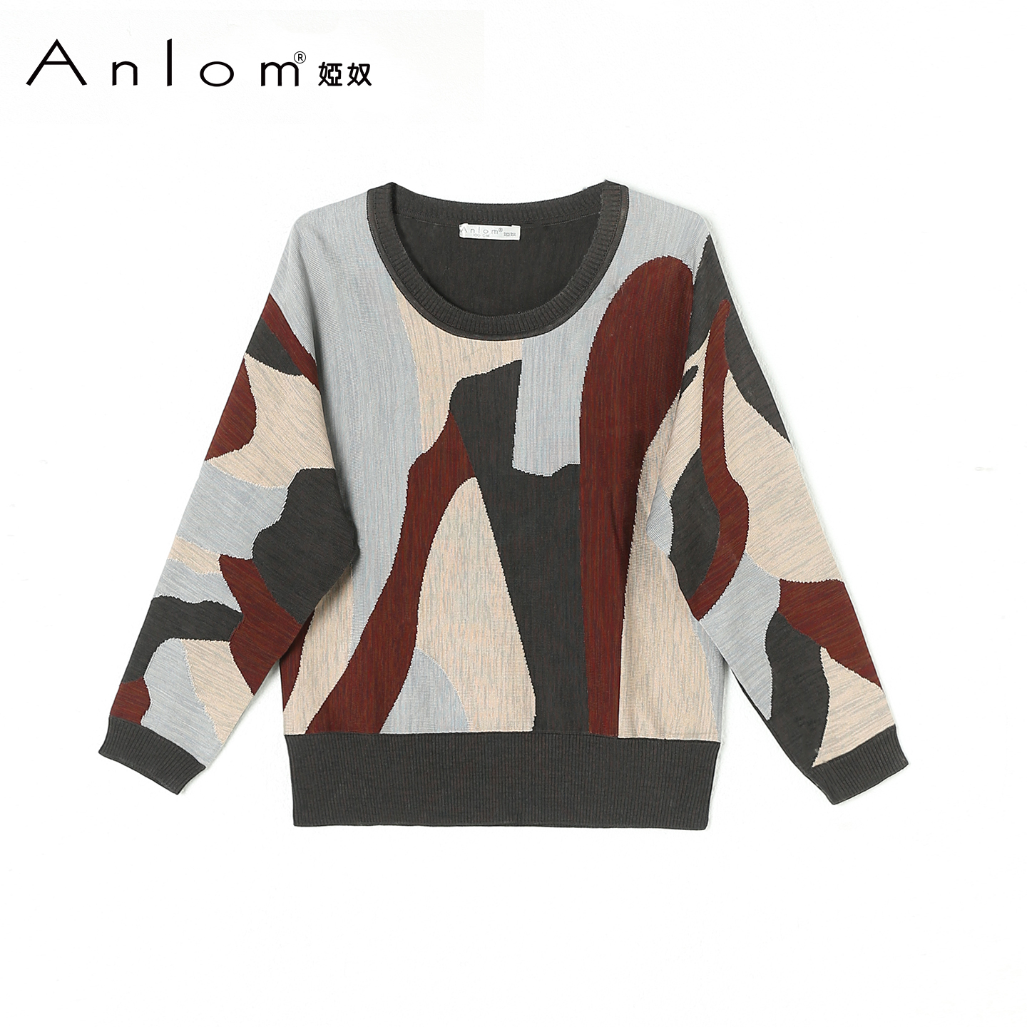 Anlom/娅奴女装桑蚕丝秋季新款时尚休闲女士拼色圆领针织套衫