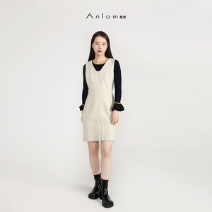 Anlom/娅奴羊毛粗花呢背心连衣裙女秋冬V领叠穿无袖内搭裙百搭款