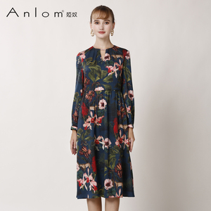 Anlom/娅奴连衣裙女春秋时尚气质收腰圆领宽松成熟桑蚕丝印花裙子