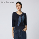 Anlom 显瘦真丝t恤 印花上衣修身 娅奴桑蚕丝针织衫 女圆领七分袖