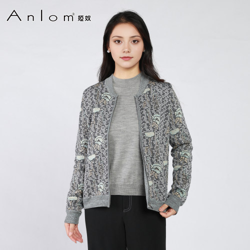 Anlom/娅奴桑蚕丝秋季新款拉链时尚休闲女士罗纹袖口针织开衫外套