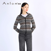 娅奴秋冬长袖 新款 连帽彩色条纹休闲绵针织衫 Anlom 通勤上衣开衫