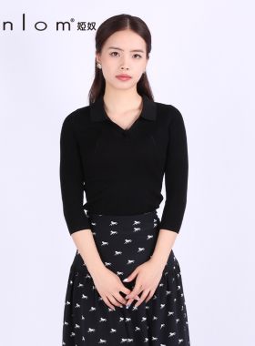 Anlom/娅奴夏季中袖新款polo领黑色休闲桑蚕丝针织衫通勤上衣套衫