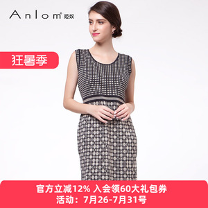 Anlom/娅奴夏季新品波点格子提花针织无袖连衣裙女中长款A字裙子