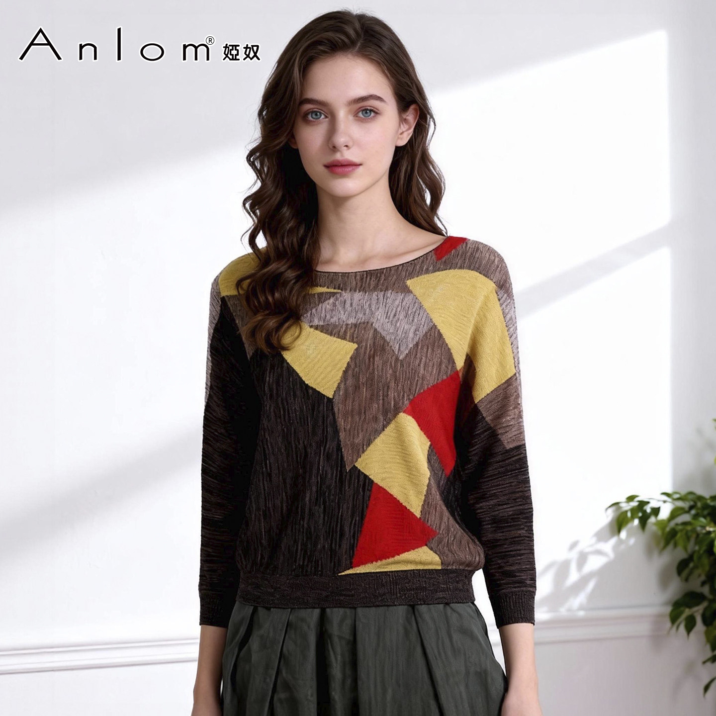 Anlom/娅奴秋季新款时尚圆领桑蚕丝针织衫女上衣套头七分袖套衫