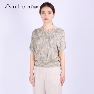 娅奴春季 新款 Anlom 短袖 圆领咖绿休闲桑蚕丝针织衫 通勤上衣套衫