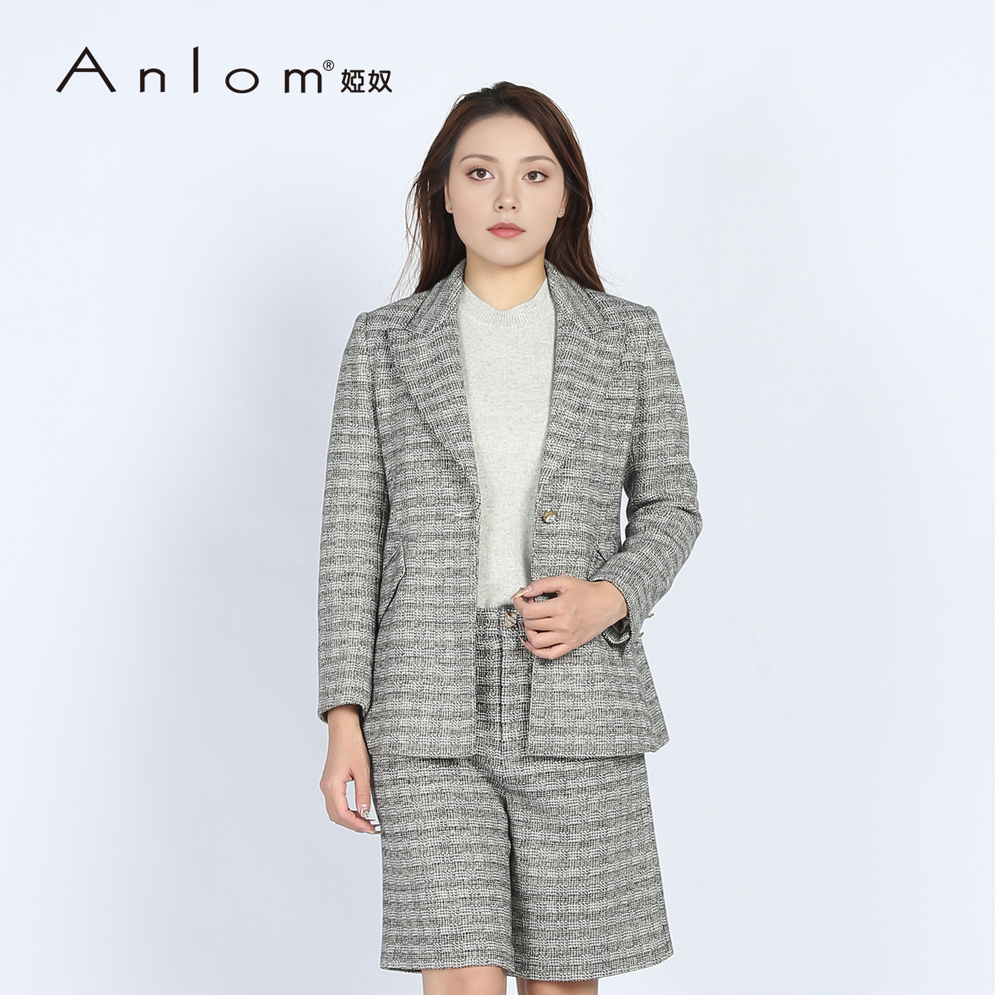 Anlom/娅奴2025年秋冬款时尚休闲女士气质西装外套格纹灰色