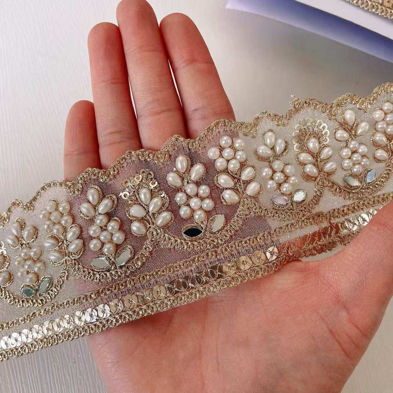 thumbnail for Indian embroidery webbing 5cm wide gold beaded yarn bottom embroidery ribbon handmade accessories diy