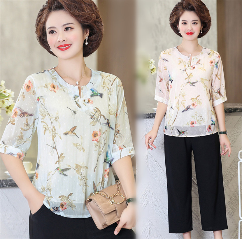 中年女夏装两件套装洋气高贵打底衫新款中老年女装雪纺妈妈夏上衣