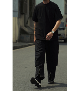 Planet 黑色复古宽松假两件拉链羊毛西裤