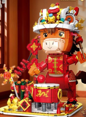 高密思T2165小颗粒积木2026马年新春节日摆件国潮舞狮马玩具礼物