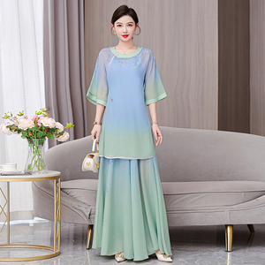 新中式古典舞服唐风三件套汉唐舞蹈服国风舞蹈裙青衫烟雨客服装