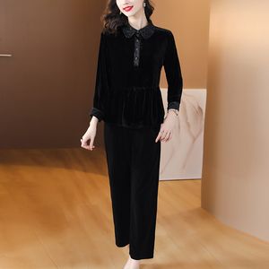高级感套装2023丝绒复古气质上衣女时尚镂空翻领真丝长袖洋气妈妈