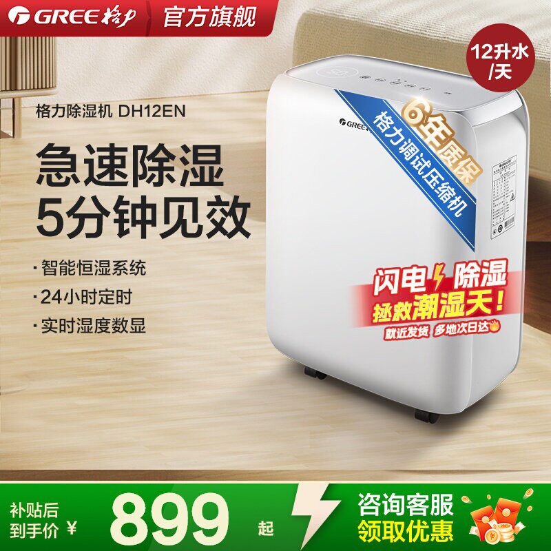 格力除湿机12升小型家用静音卧室抽湿器地下室内回南天吸湿DH12EN
