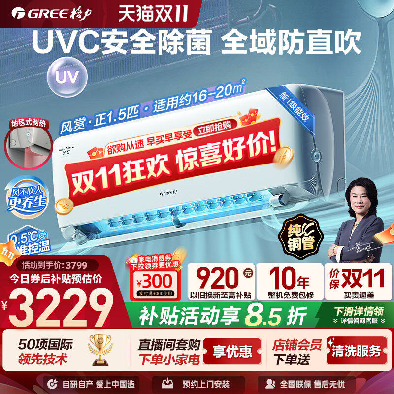 格力新一级能效变频冷暖双排铜管正1.5匹除菌健康空调挂机风赏
