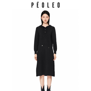 飘蕾黑色连帽抽绳针织连衣裙2025年秋冬新款宽松遮肉打底毛衣长裙