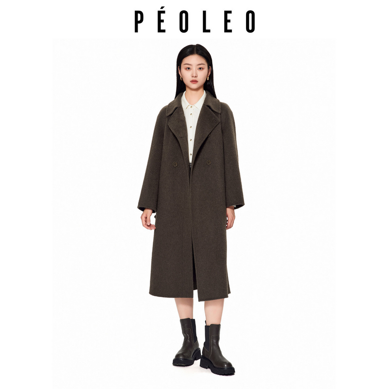 飘蕾高级感气质咖啡色翻领大衣2025年冬季新款时尚通勤绵羊毛外套