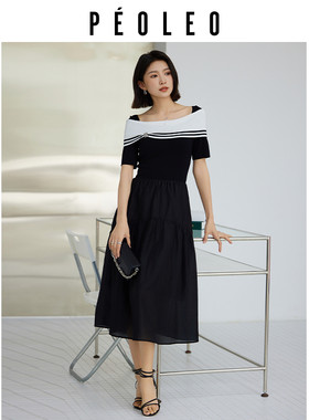 飘蕾时尚拼接连衣裙2025年夏季新款显瘦设计感短袖女装漂亮长裙