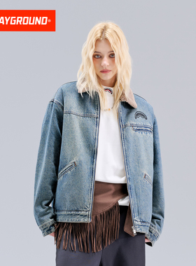 SprayGround鲨鱼嘴仿羊羔绒翻领做旧牛仔夹克男加绒加厚保暖外套