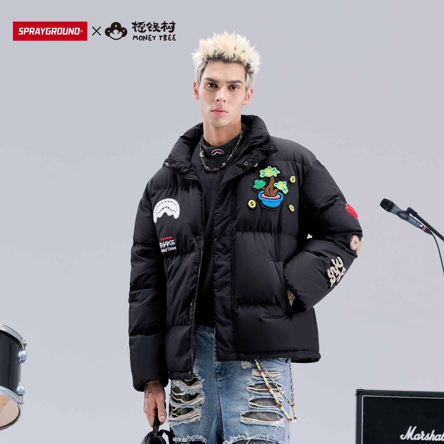 SprayGround鲨鱼嘴摇钱树羽绒服