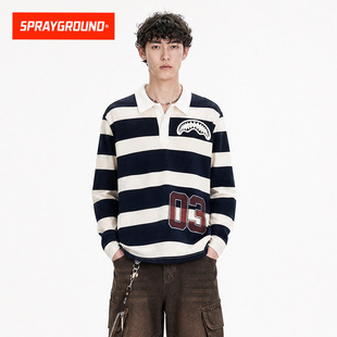 SprayGround鲨鱼嘴翻领粗条纹长袖T恤上衣男秋季美式休闲polo衫潮