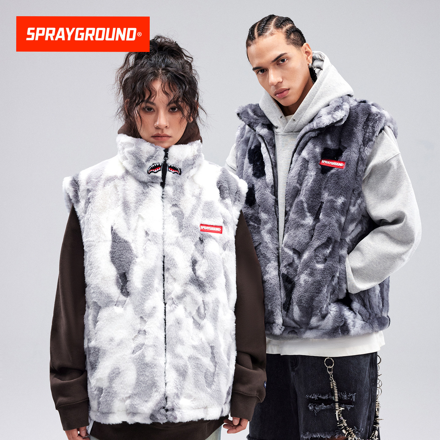 SprayGround鲨鱼嘴毛绒马甲男秋冬潮牌宽松加厚保暖无袖背心马夹,男装,常规马甲,淘宝优惠券,粉丝福利购,淘宝优惠卷