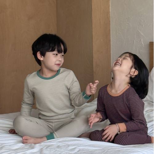 【popoboxs】儿童条纹家居服秋冬弹力保暖男女童修身秋衣秋裤套装