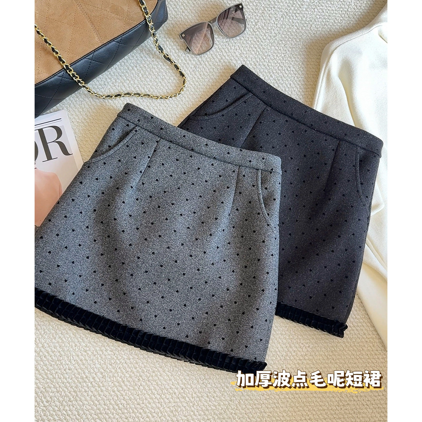 毛呢复古木耳边包臀半身裙女a字气质显瘦短裙秋冬新款波点半裙厚,女装/女士精品,半身裙,淘宝优惠券,粉丝福利购,淘宝优惠卷