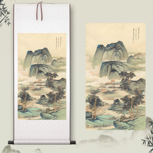 张大千《晴霭仙阁图》客厅中堂挂画山水玄关茶室书房装饰画国画