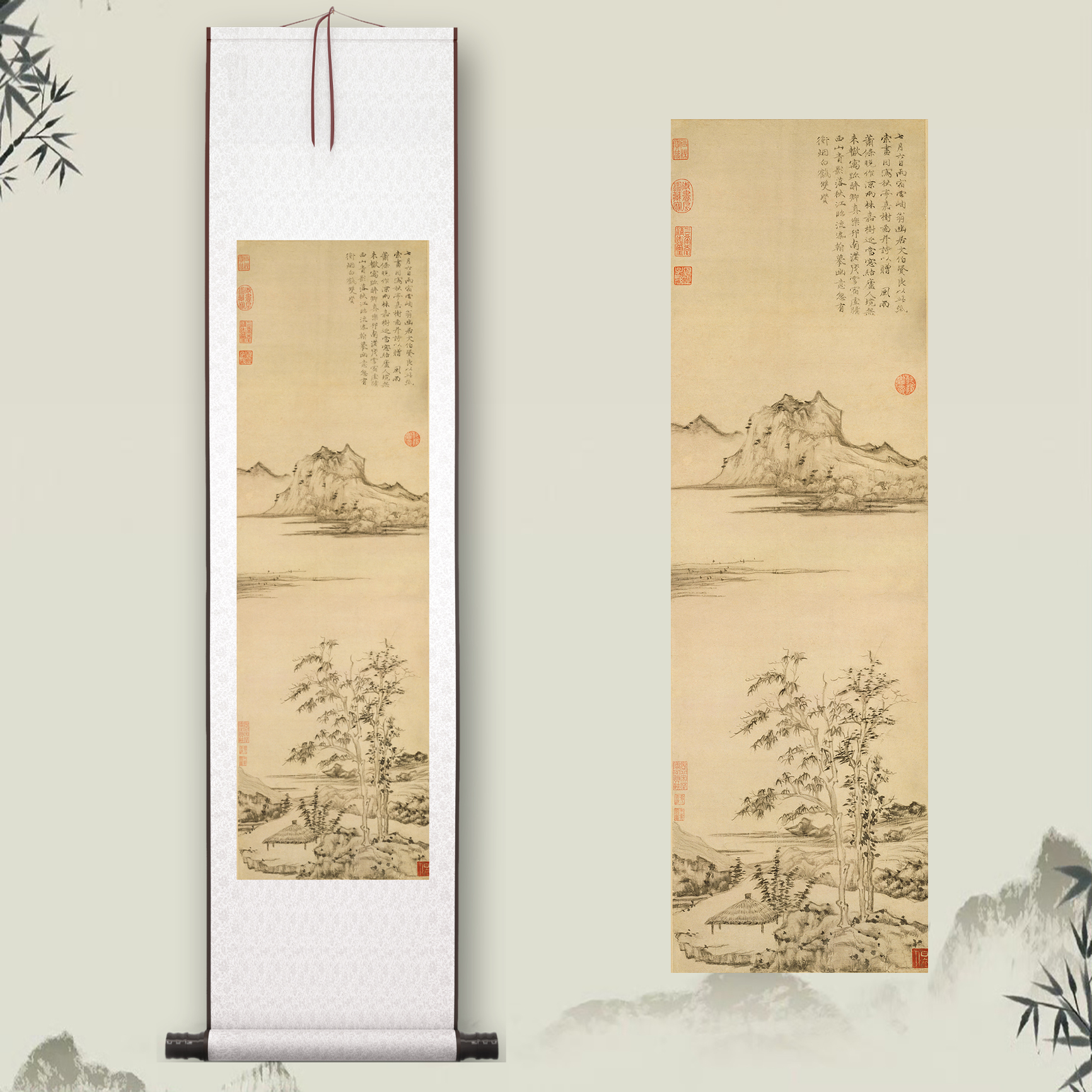 倪瓒《秋亭嘉树图》客厅中堂挂画山水玄关茶室书房装饰画国画高清