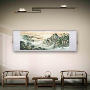 《旭日东升》客厅挂画玄关茶室书房装饰画横版有山无水山水国画