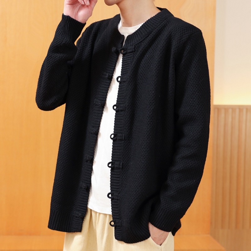 秋冬季古风外套盘扣毛衣针织衫中式古装男士青年唐装佛系居士服