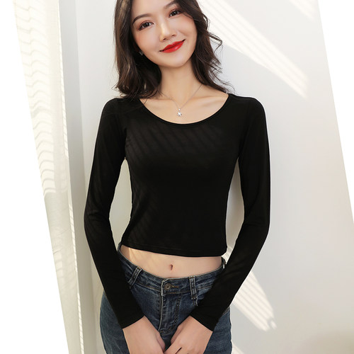 露脐长袖打底衫莫代尔薄款高腰女