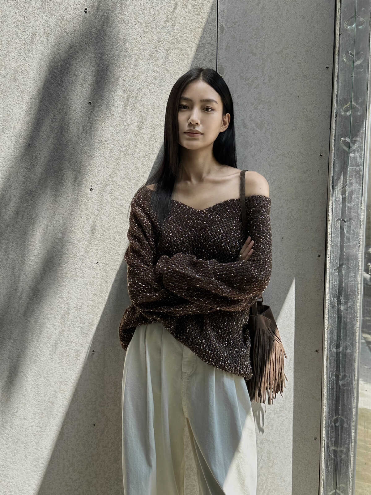 新款极简长袖V领镂空彩点毛衣女宽松显瘦慵懒风针织衫上衣