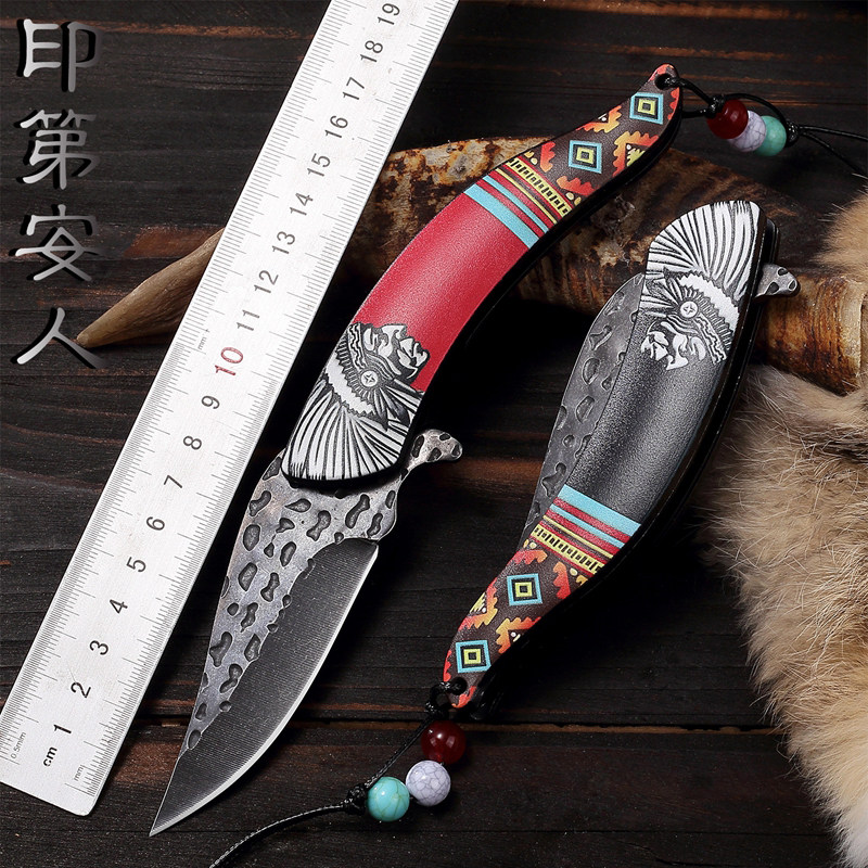 复古艺术印第安户外折叠刀露营便携求生小刀高硬度锻打刀收藏送礼