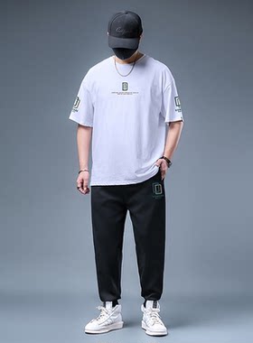 2023男士加肥加大码夏天薄款短袖套装纯棉超大号休闲运动两件套