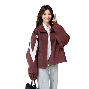 美式休闲立领冲锋衣外套女2024秋季新款学院风宽松小个子拼色上衣图片