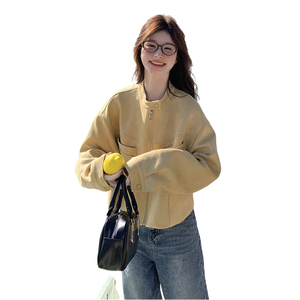卡其色立领麂皮绒短外套女春季2025新款韩版小个子设计感夹克上衣图片