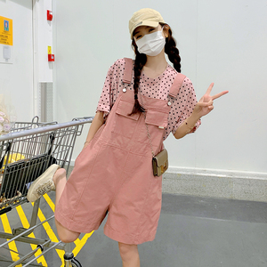 粉色炸街减龄背带裤套装女夏2025新款韩系波点上衣阔腿短裤两件套