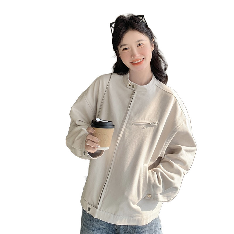 高级感米白色外套女2025春季新款美式复古小个子百搭短款机车夹克,女装短外套,浙宝152