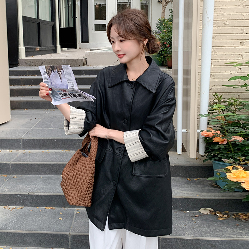 袖口拼接黑色皮衣外套女2025春季新款高级感简约宽松中长款上衣潮,女装风衣,浙宝152