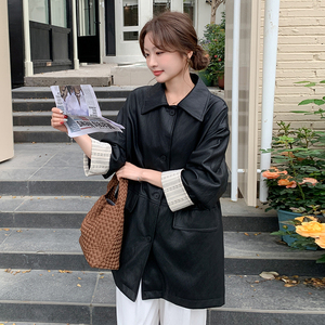 袖口拼接黑色皮衣外套女2025春季新款高级感简约宽松中长款上衣潮图片