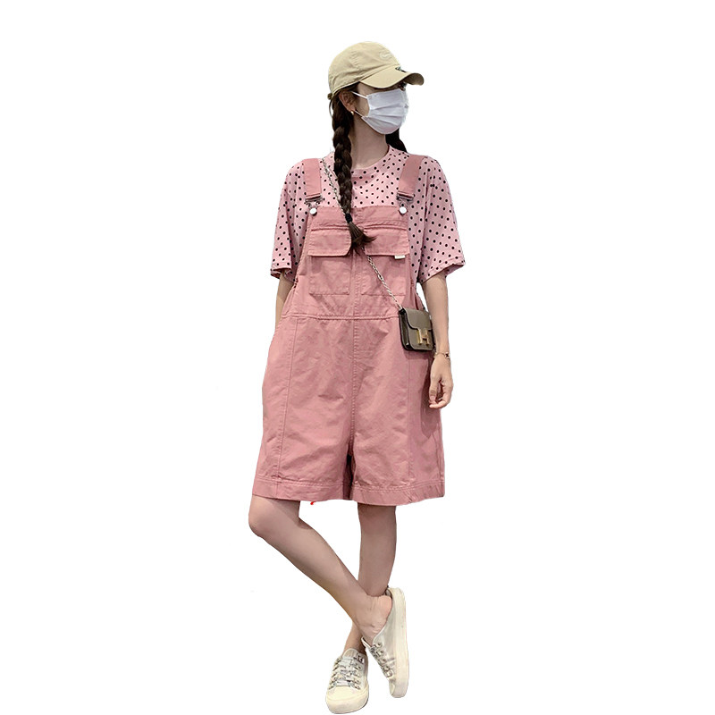 粉色炸街减龄背带裤套装女夏2025新款韩系波点上衣阔腿短裤两件套,女装套装/套裙,浙宝152