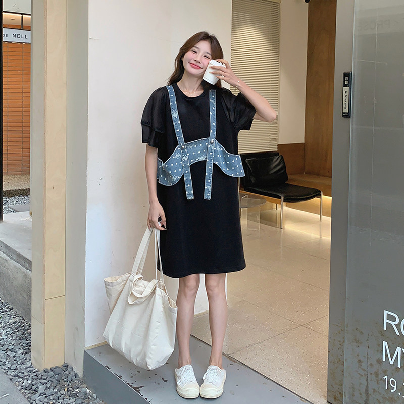 休闲宽松黑色t恤连衣裙女夏2025年新款牛仔小吊带裙子假两件套装,女装连衣裙,浙宝152