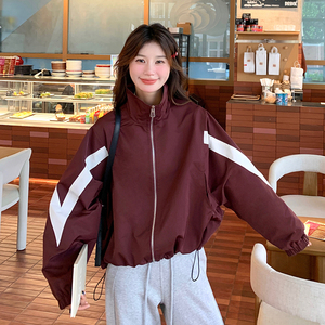 美式休闲立领冲锋衣外套女2024秋季新款学院风宽松小个子拼色上衣图片