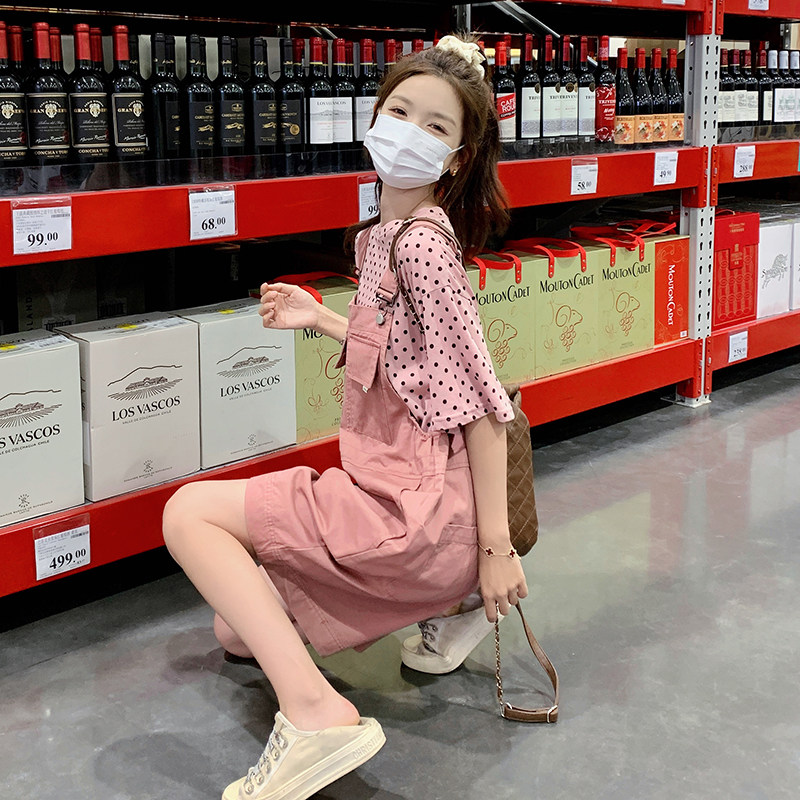 粉色炸街减龄背带裤套装女夏2025新款韩系波点上衣阔腿短裤两件套,女装套装/套裙,浙宝152