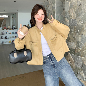 卡其色立领麂皮绒短外套女春季2025新款韩版小个子设计感夹克上衣图片