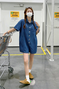 韩版牛仔衬衫连体裤女夏2022年短款宽松休闲可盐可甜小个子连衣裤图片