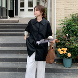 袖口拼接黑色皮衣外套女2025春季新款高级感简约宽松中长款上衣潮，女装风衣，浙宝152
